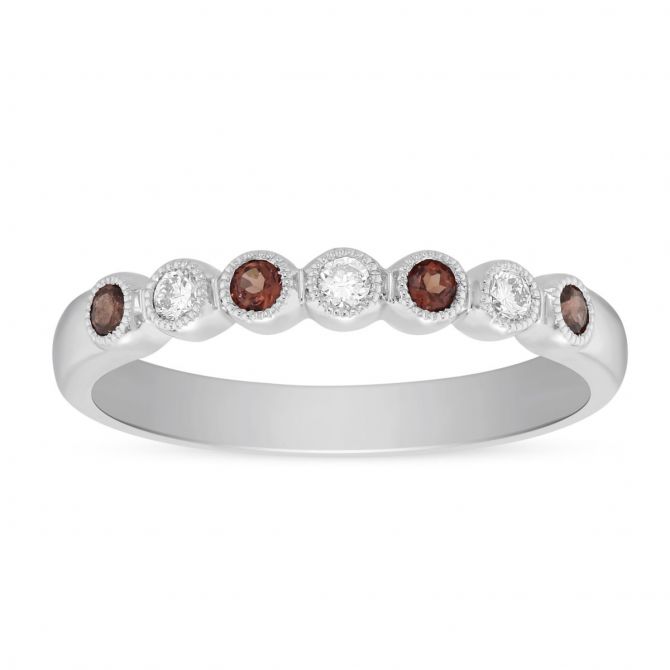 14K White Gold Round Garnet & Diamond Bezel Set Milgrain Ring