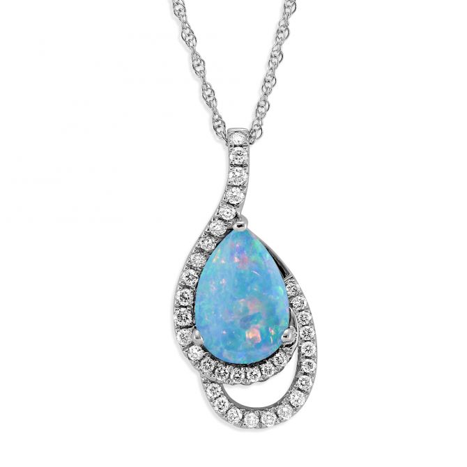 14K White Gold Pear Shaped Opal & Diamond Pendant, 18"