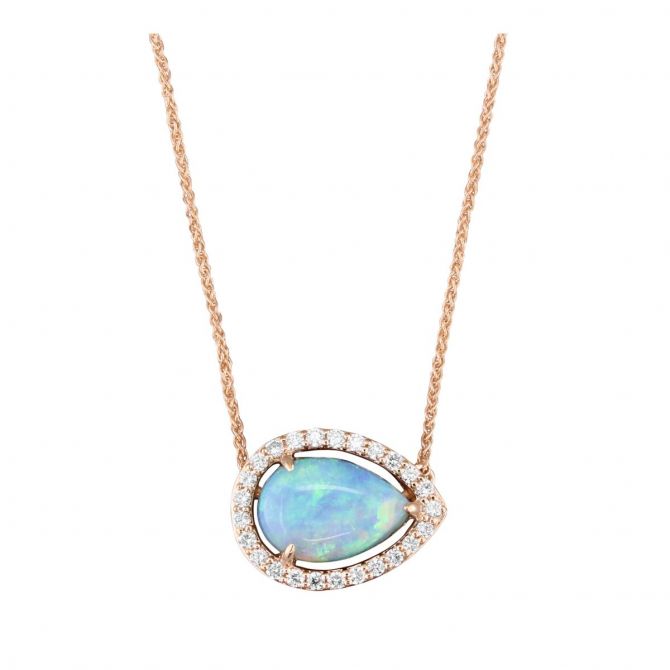 14K Rose Gold Pear Shaped Opal & Diamond 18" Necklace, 18"