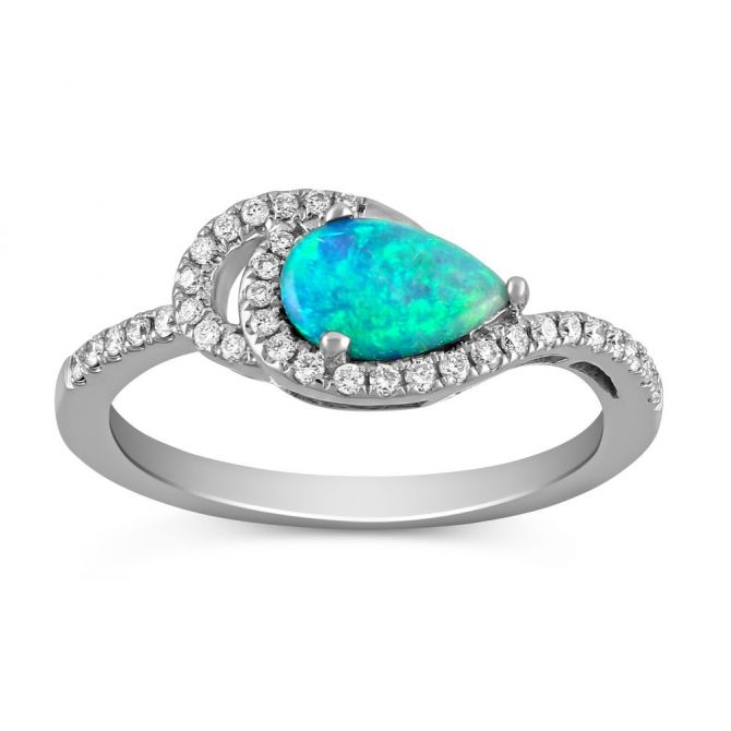 14K White Gold Pear Shaped Opal & Diamond Ring