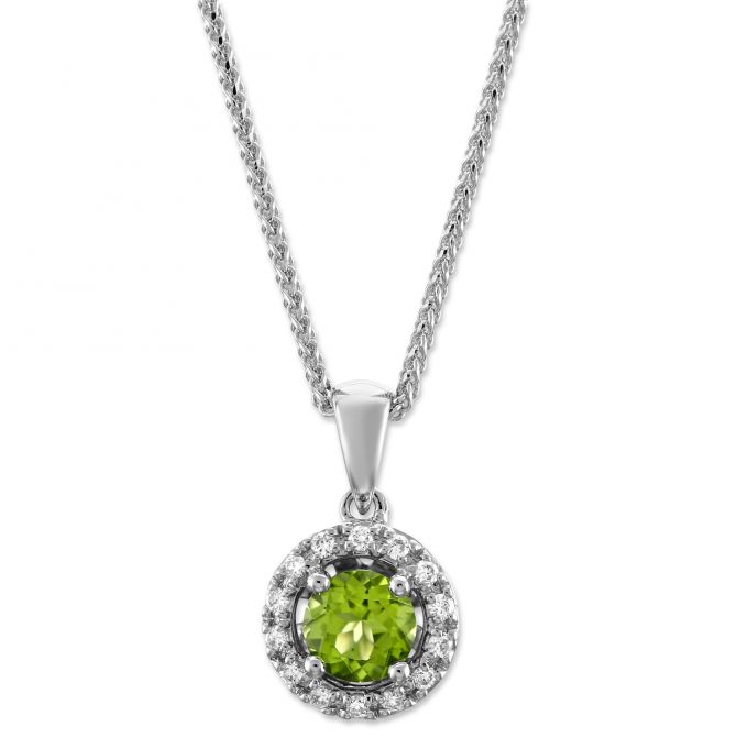 Round Peridot & Diamond Halo Pendant in White Gold, 18"