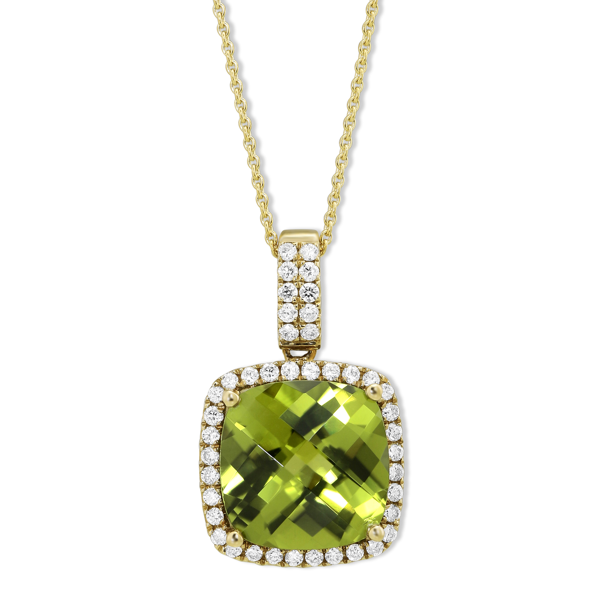 14K White Gold Peridot Ring Cushion Checkerboard Cut 2.25 Carats