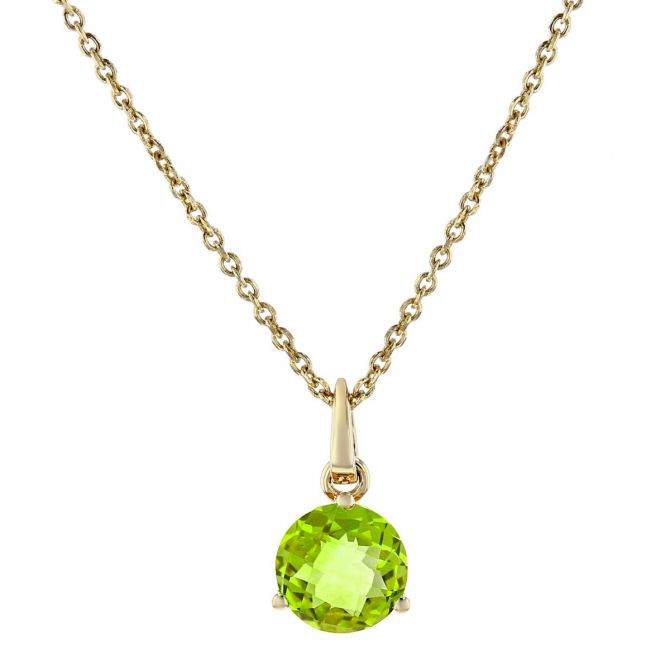 14K Yellow Gold Round Peridot Solitaire Pendant, 18"