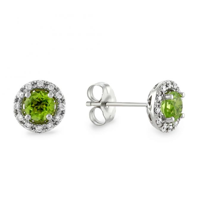 Round Peridot & Diamond Halo Stud Earrings in White Gold