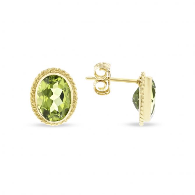 Oval Peridot Twisted Bezel Post Earrings in Yellow Gold