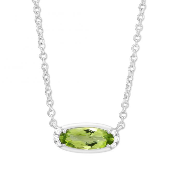 Oval Peridot & Diamond Pendant in White Gold, 18"