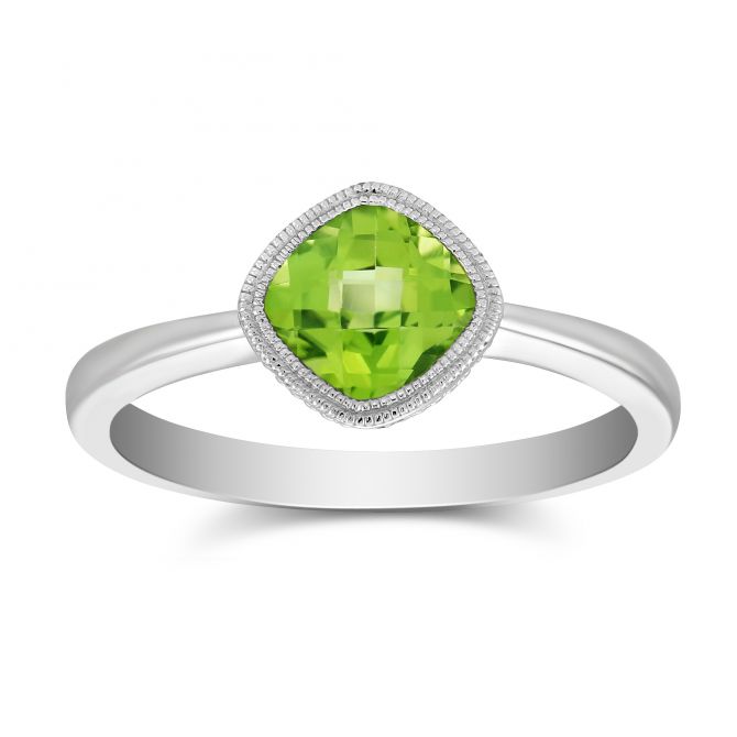 Cushion Checkerboard Peridot Bezel Set Ring in White Gold