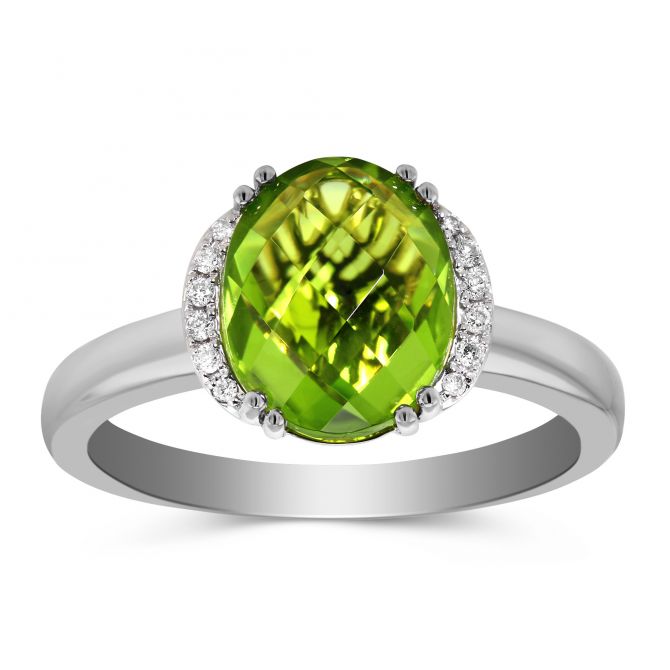 Oval Peridot & Diamond Demi Halo Ring in White Gold