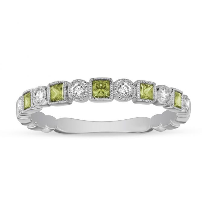 Princess Cut Peridot & Diamond Geometric Ring in White Gold