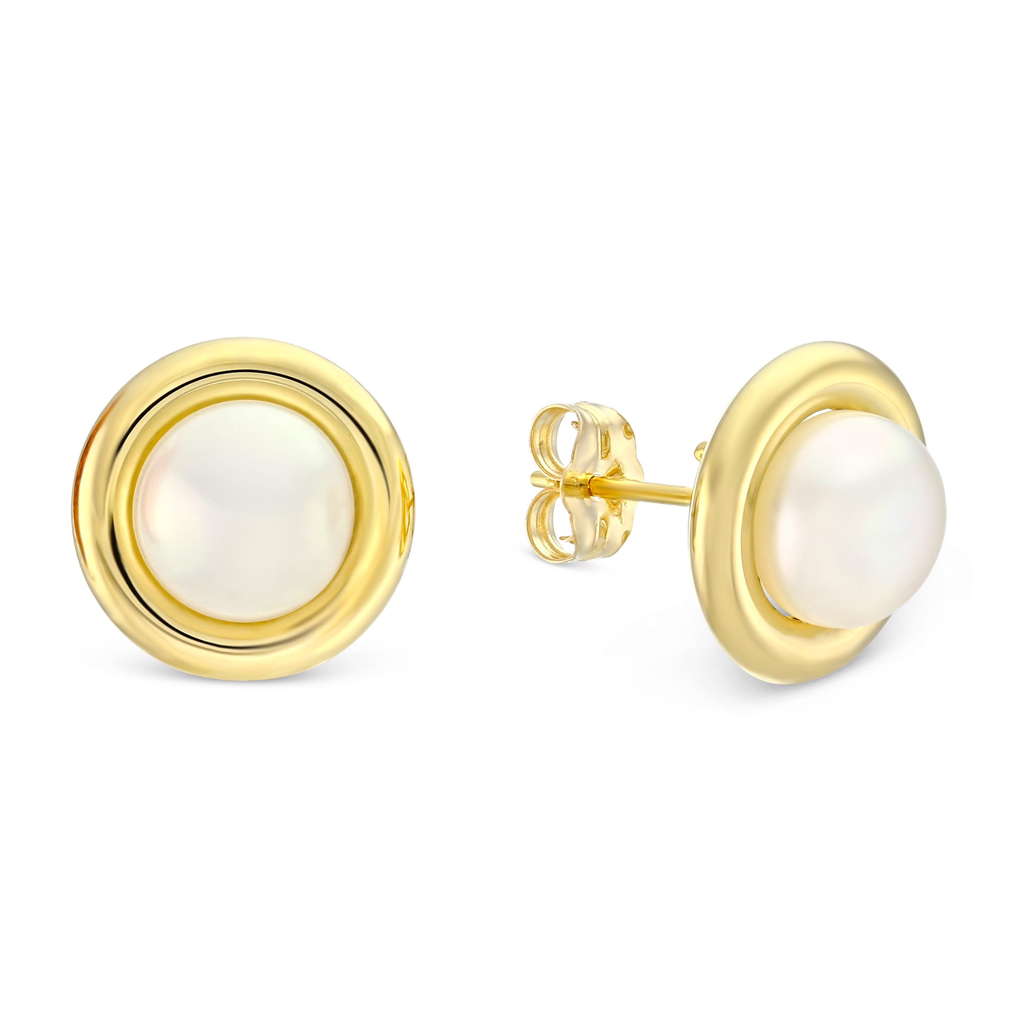 Freshwater Cultured Pearl Button & Yellow Gold Earrings | Borsheims