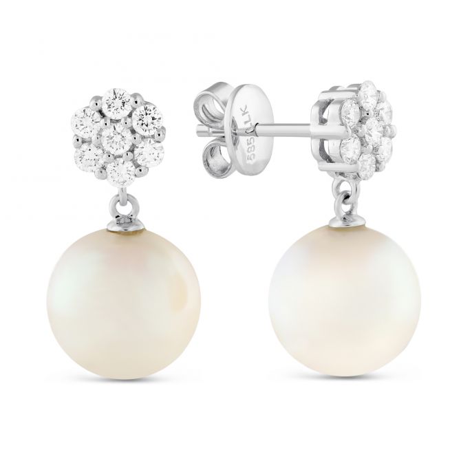 White Cultured Pearl & Diamond Dangle Earrings in White Gold