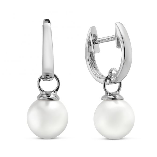 White Cultured Pearl Drop Earrings in White Gold