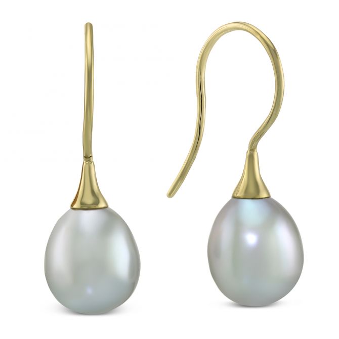 Grey Freshwater Cultured Pearl Drop Earrings in Yellow Gold