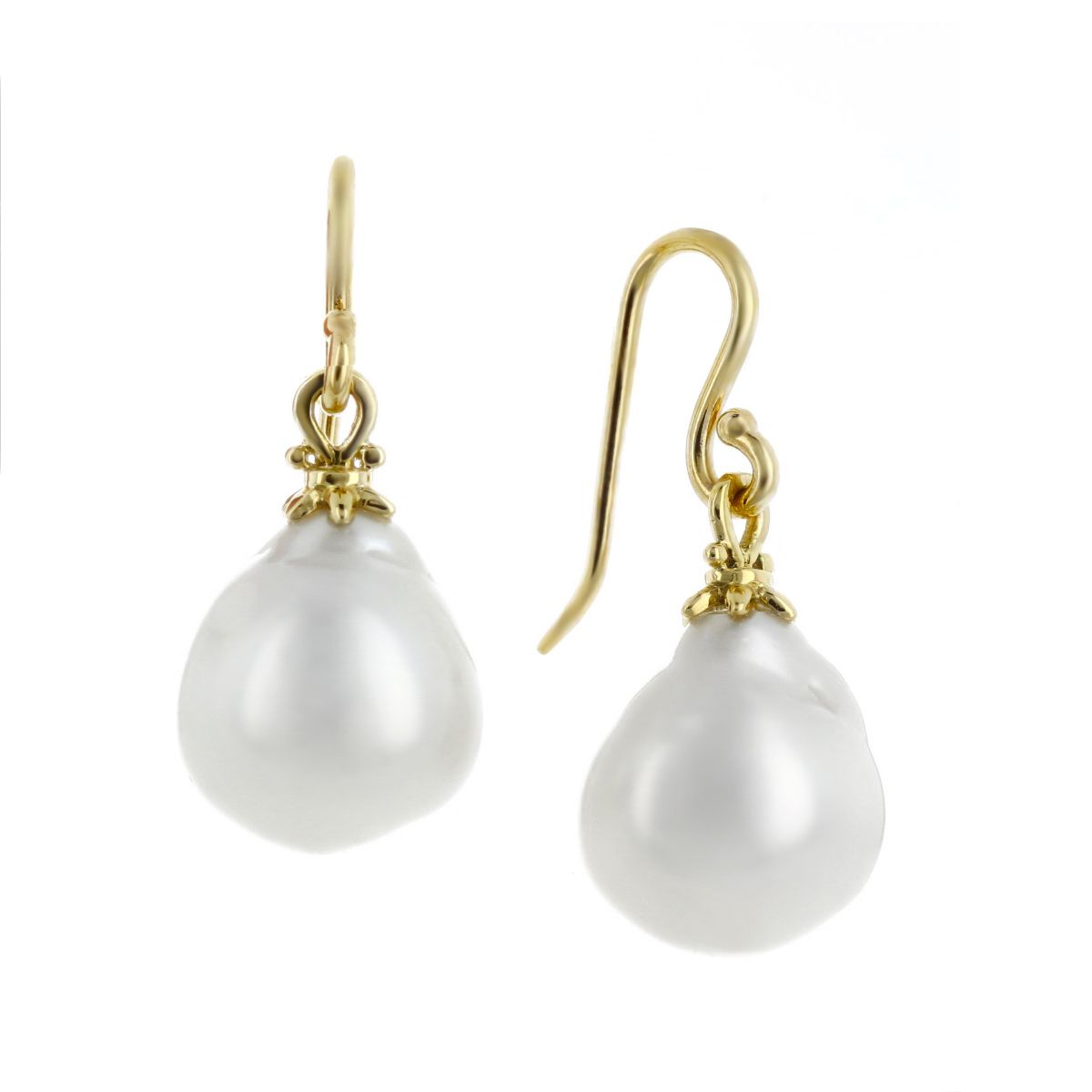 18K Yellow Gold White South Sea Cultured Baroque Pearl Dangle Earrings ...