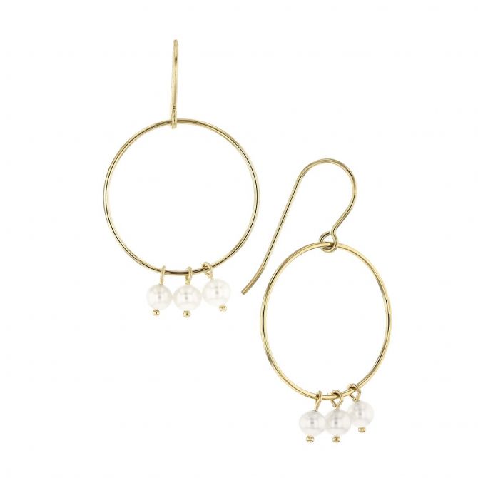 14K Yellow Gold White Freshwater Cultured Pearl Triple Drop Circle Earrings