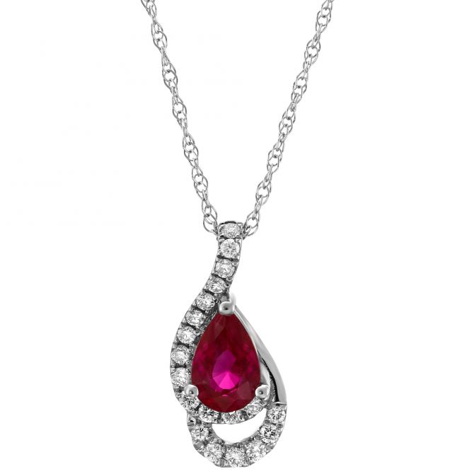 Pear Shaped Ruby & Diamond Pendant in White Gold, 18"