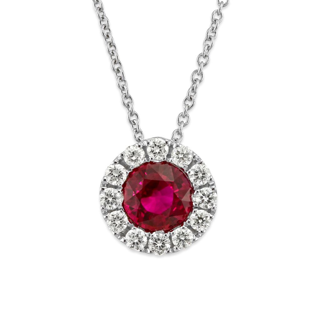 18K White Gold Round Ruby & Diamond Halo Pendant, 17