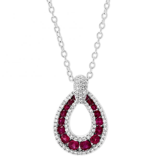 14K White Gold Graduated Ruby & Diamond Teardrop Pendant, 18"