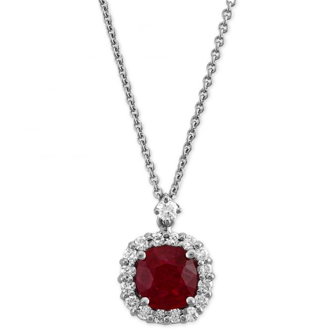 18K White Gold Cushion Ruby & Diamond Pendant