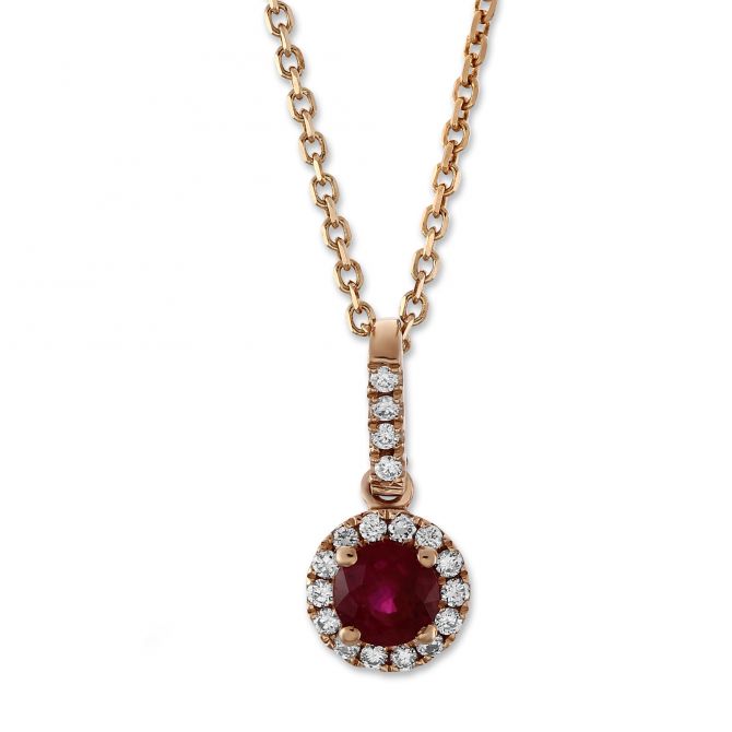 14K Rose Gold Ruby & Diamond Halo Pendant, 18"