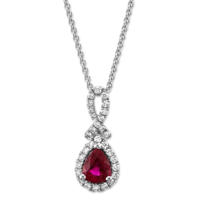 Pear Shaped Ruby & Diamond Pendant in White Gold, 18"