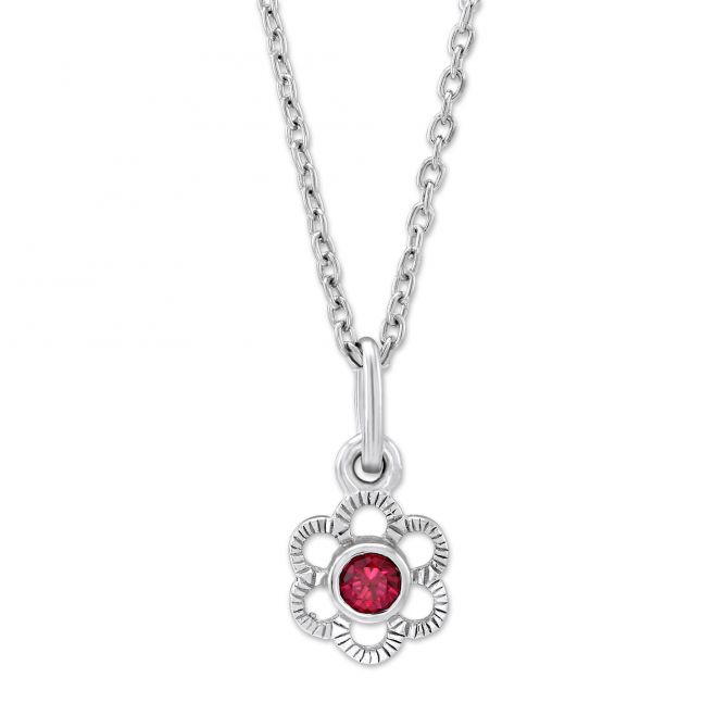 Sterling Silver Children's Red Crystal Flower Pendant, 15"