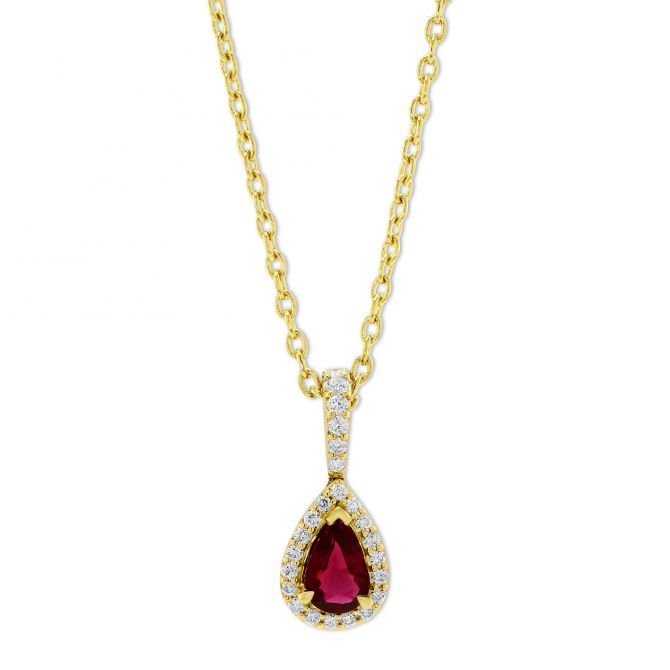 Pear Shaped Ruby & Diamond Pendant in Yellow Gold, 18"