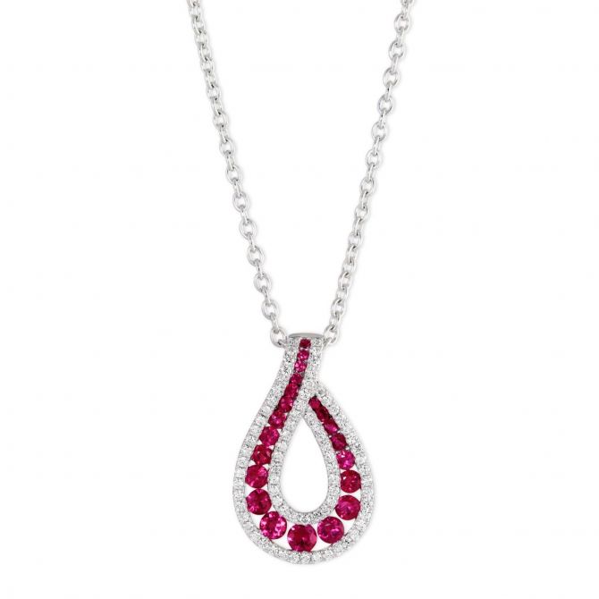 14K White Gold Ruby & Diamond Teardrop Pendant, 18"