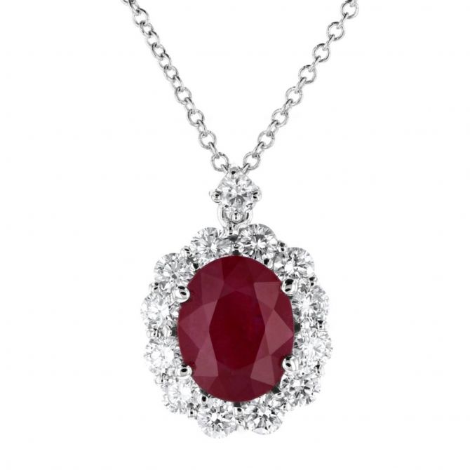 18K White Gold Oval Ruby & Diamond Halo Pendant, 16"