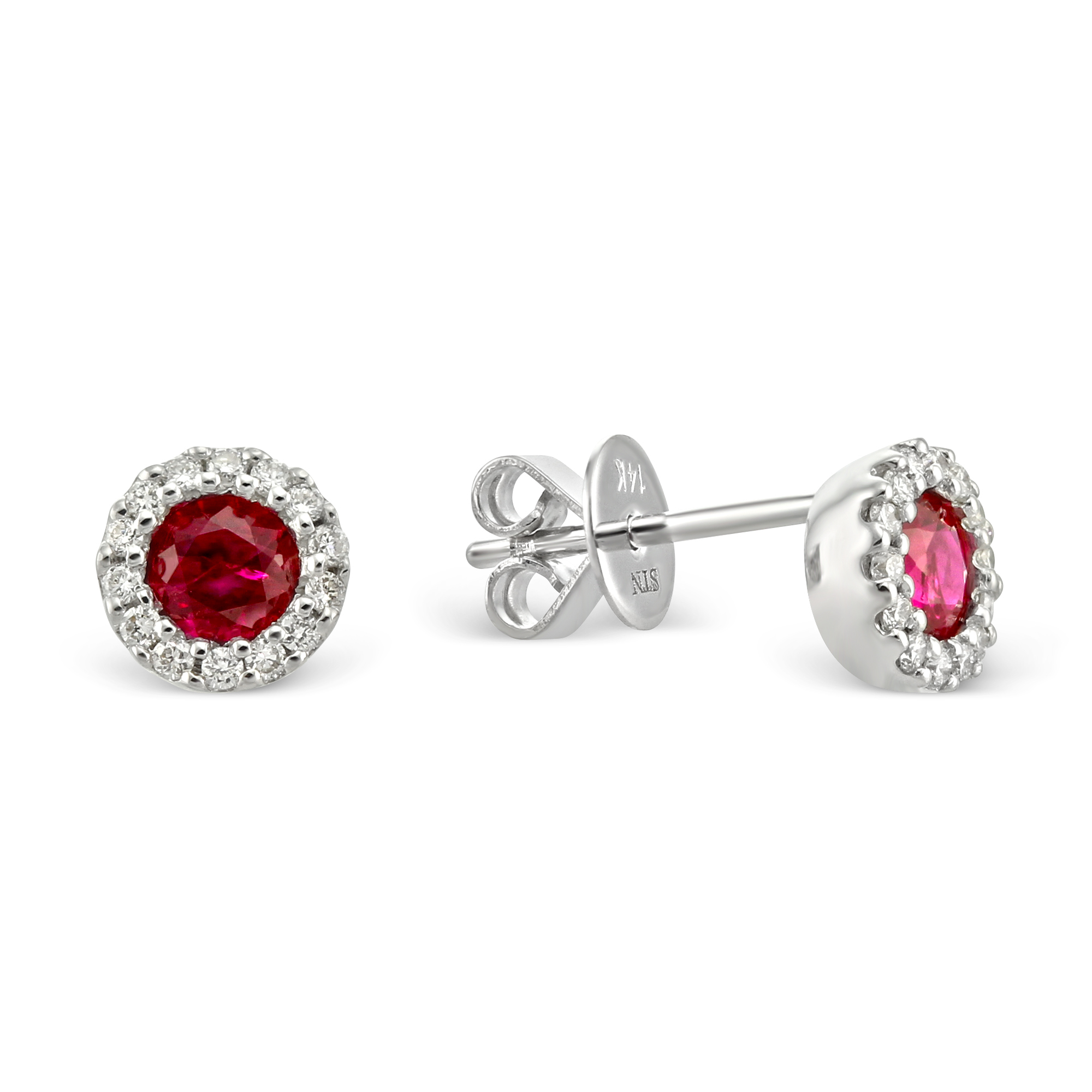 Round Ruby & Diamond Halo Earrings in White Gold | Borsheims