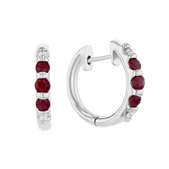 Ruby & Diamond Hinged Hoop Earrings in White Gold