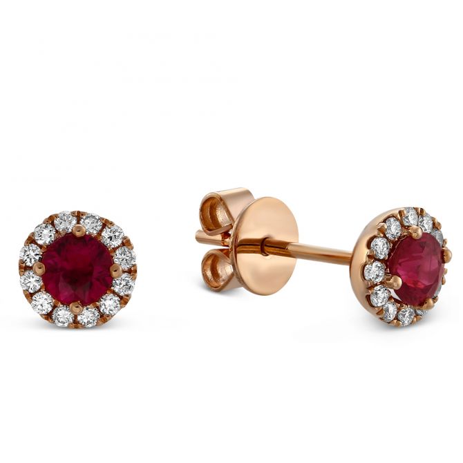 14K Rose Gold Ruby & Diamond Halo Earrings