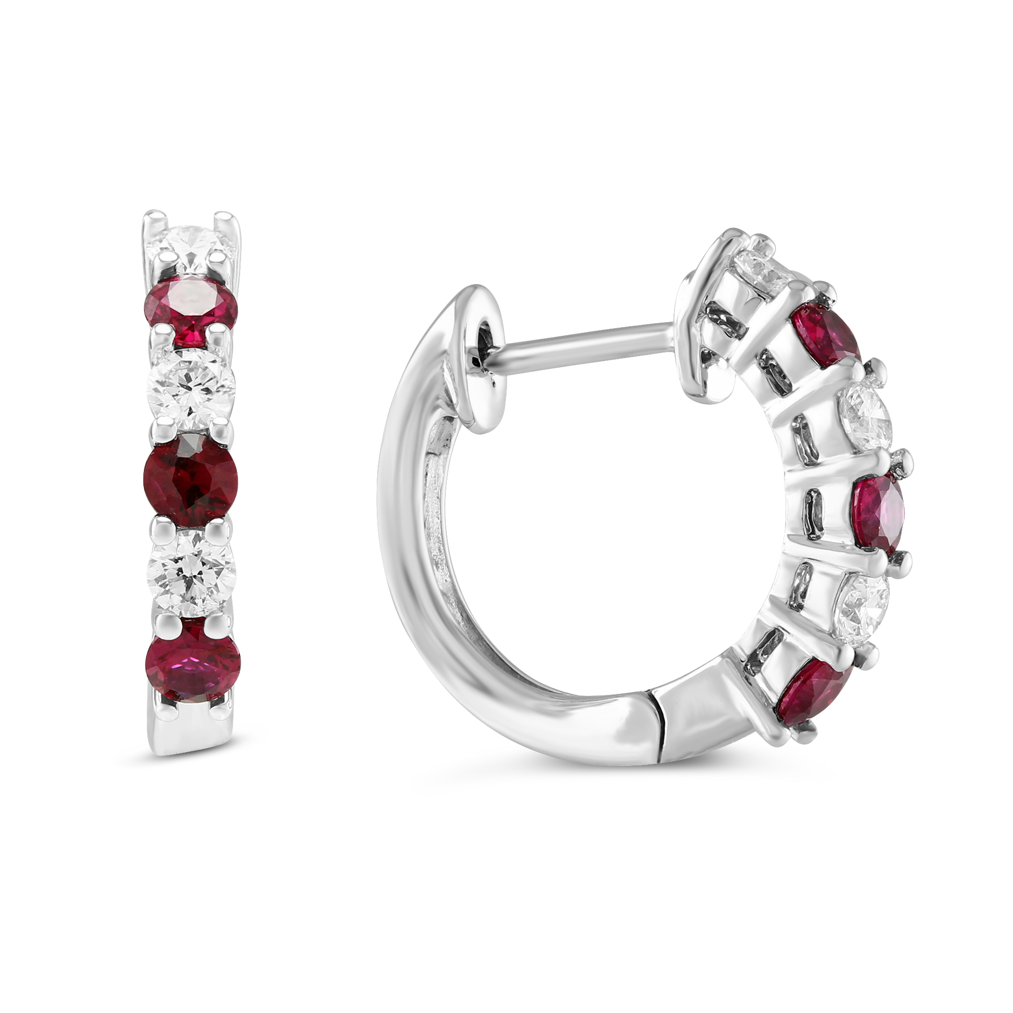 14K White Gold Round Ruby & Diamond Huggie Hoop Earrings | Borsheims