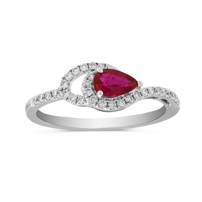 14K White Gold Pear Shaped Ruby & Diamond Ring