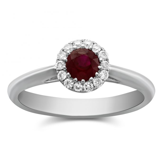 14K White Gold Round Ruby & Diamond Halo Ring