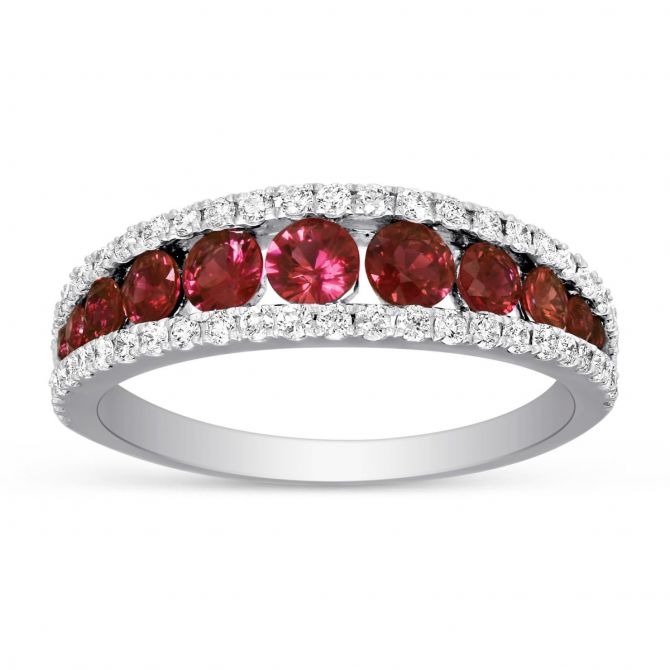 Ruby & Diamond Graduated 3 Row Ring in White Gold