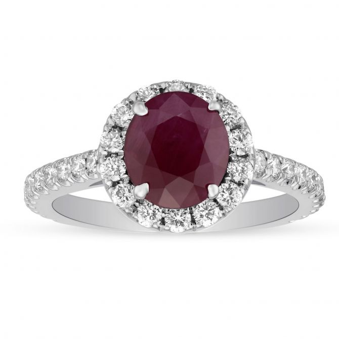 18K White Gold Oval Ruby & Diamond Halo & Shank Ring