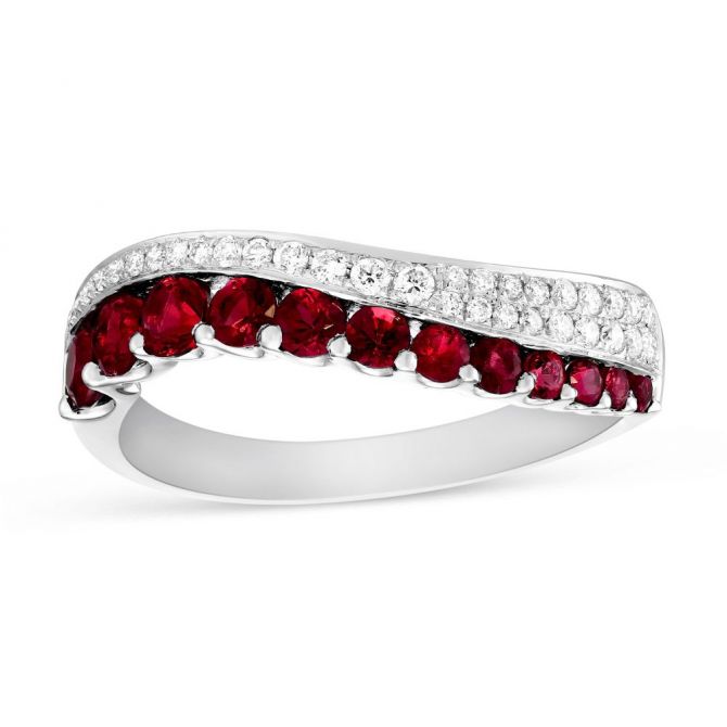 14K White Gold Ruby & Diamond Wave Ring