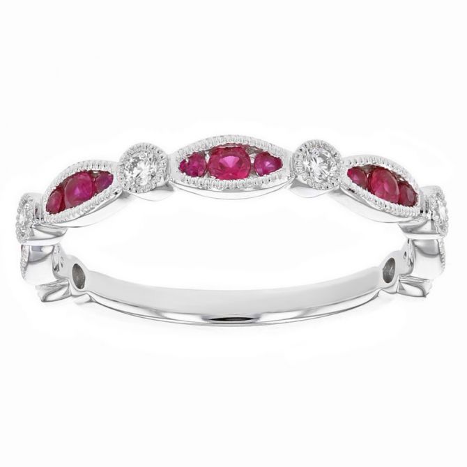 14K White Gold Ruby & Diamond Milgrain Navette & Round Station Ring