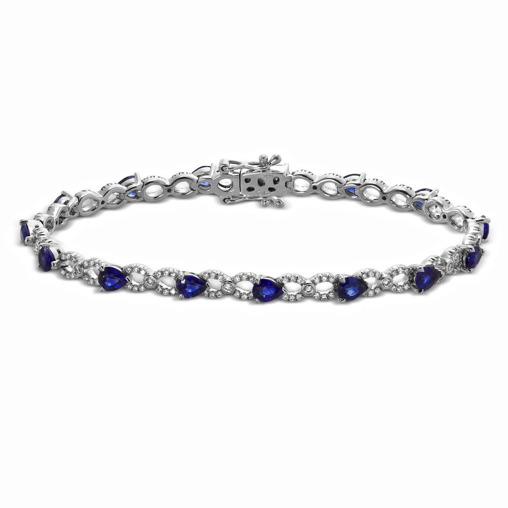 14K White Gold Pear Shaped Sapphire & Diamond Bracelet, 7