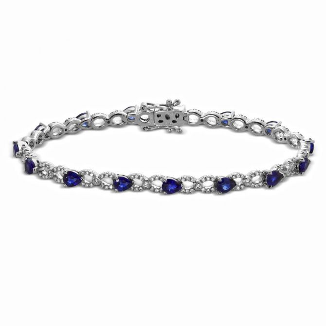 14K White Gold Pear Shaped Sapphire & Diamond Bracelet, 7"