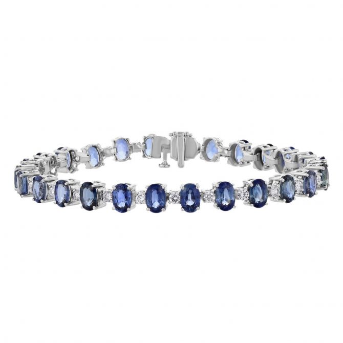 Oval Sapphire & Diamond Alternating Bracelet in White Gold, 7"