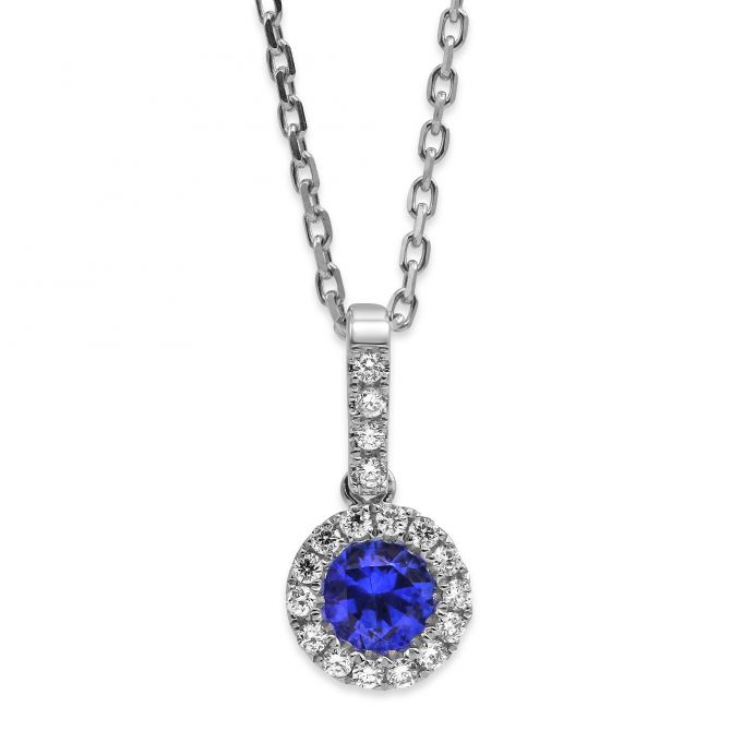 5mm Round Sapphire & Diamond Pendant in White Gold, 18"