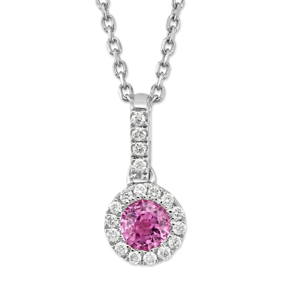 14K White Gold 5mm Round Pink Sapphire & Diamond Pendant, 18