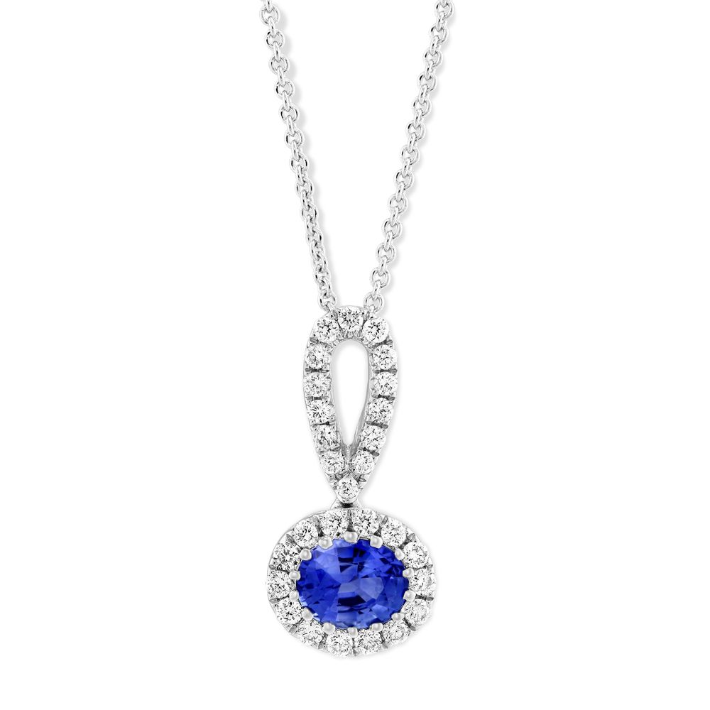 14K White Gold Horizontal Oval Sapphire & Diamond Pendant, 16-18 ...