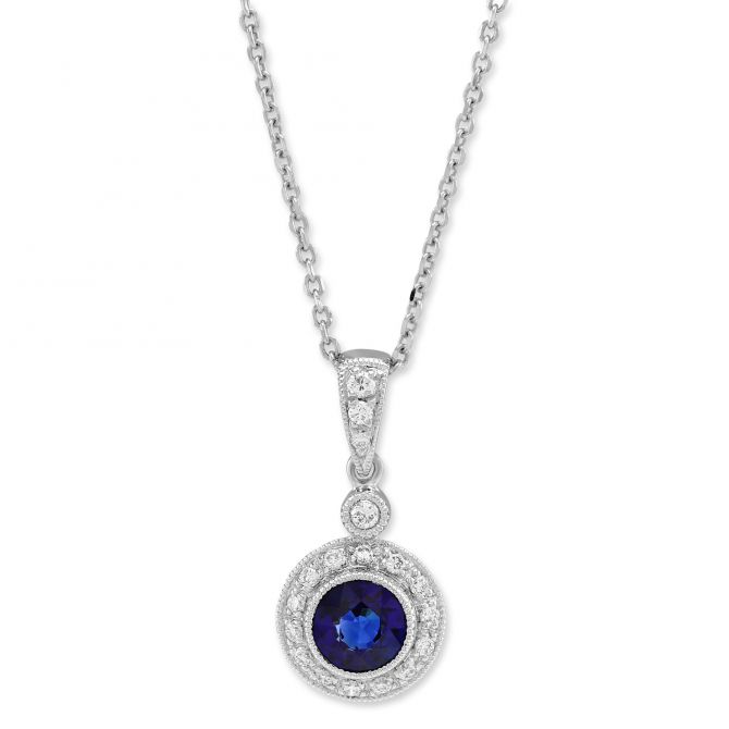 Round Sapphire & Diamond Halo Pendant in White Gold, 18"