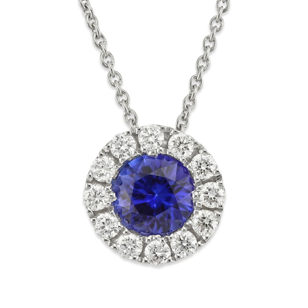 Round Sapphire & Diamond Pendant in White Gold, 17