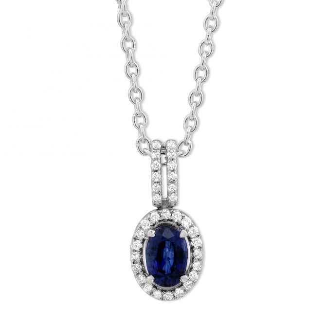 14K White Gold Oval Sapphire & Diamond Pendant, 18"