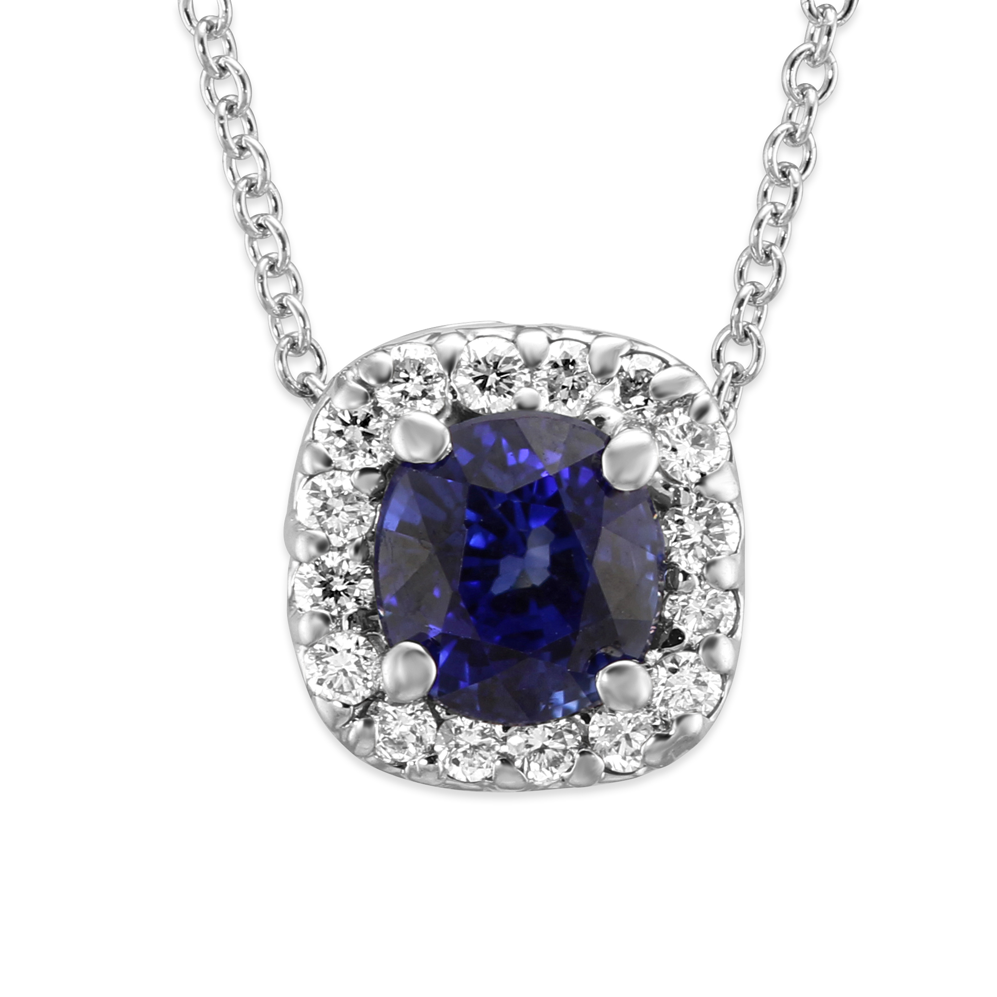 Sapphire & Diamond Halo Pendant in White Gold, 16