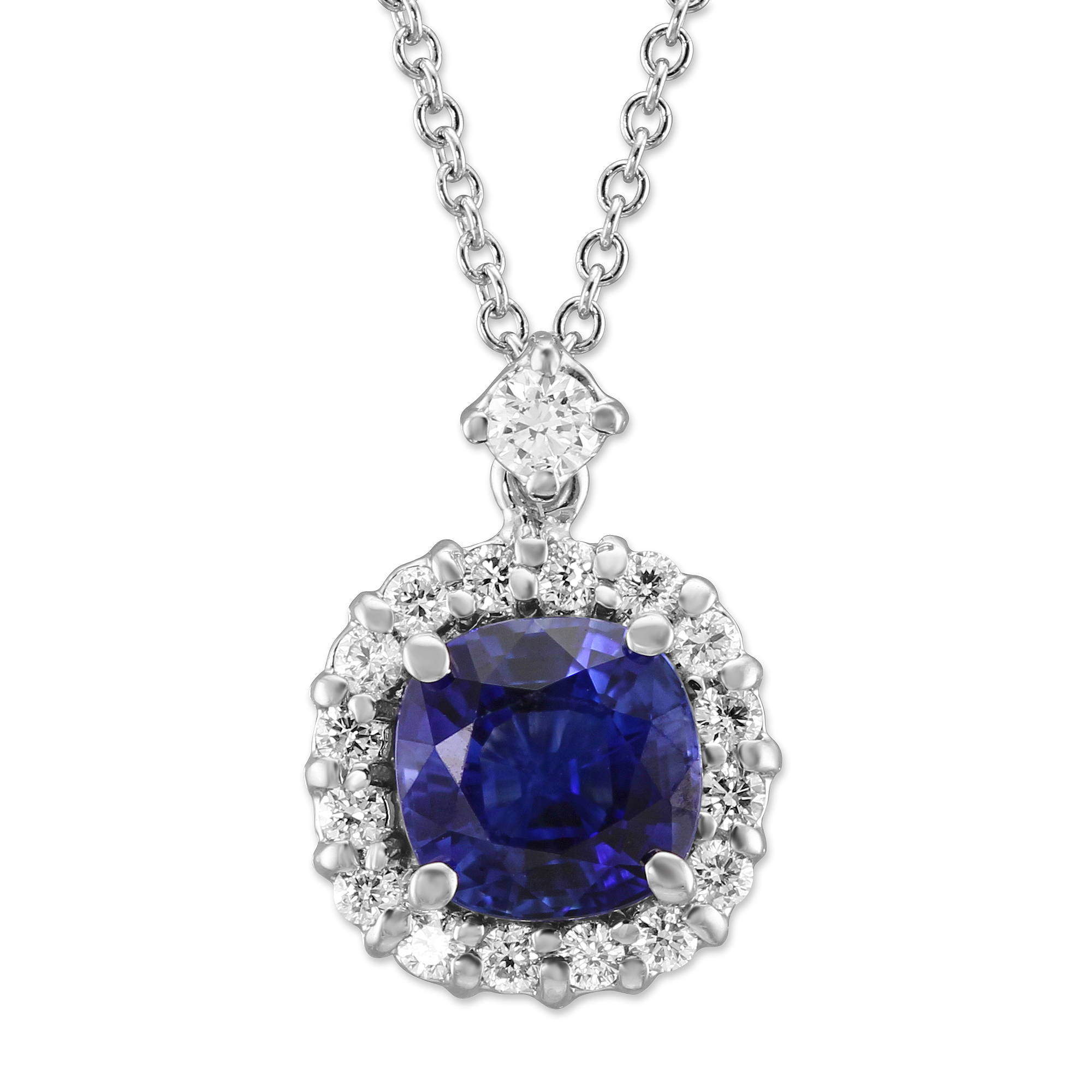 18K White Gold Round Sapphire & Diamond Pendant, 16